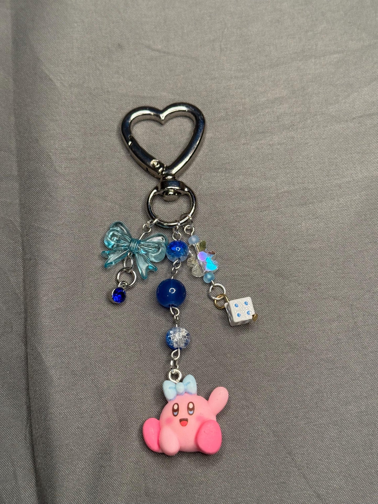 Kirby Keychain- Blue w/ Heart Clip