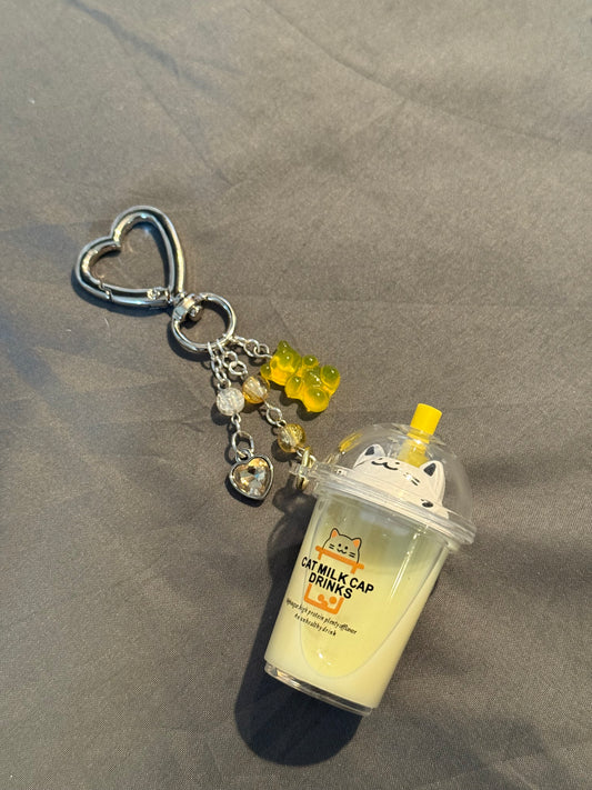 Yellow Cat x Boba Keychain w/ Heart Clip